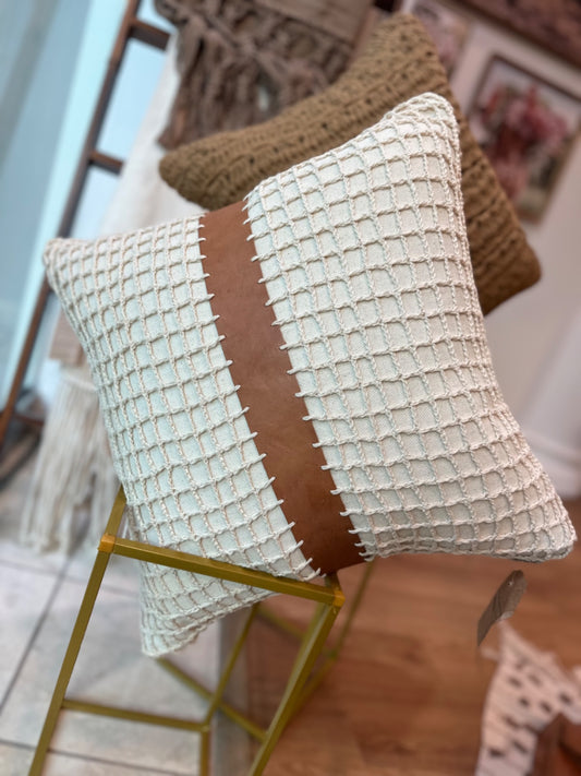 Crochet Mesh with Leather Trim Cushion Cover